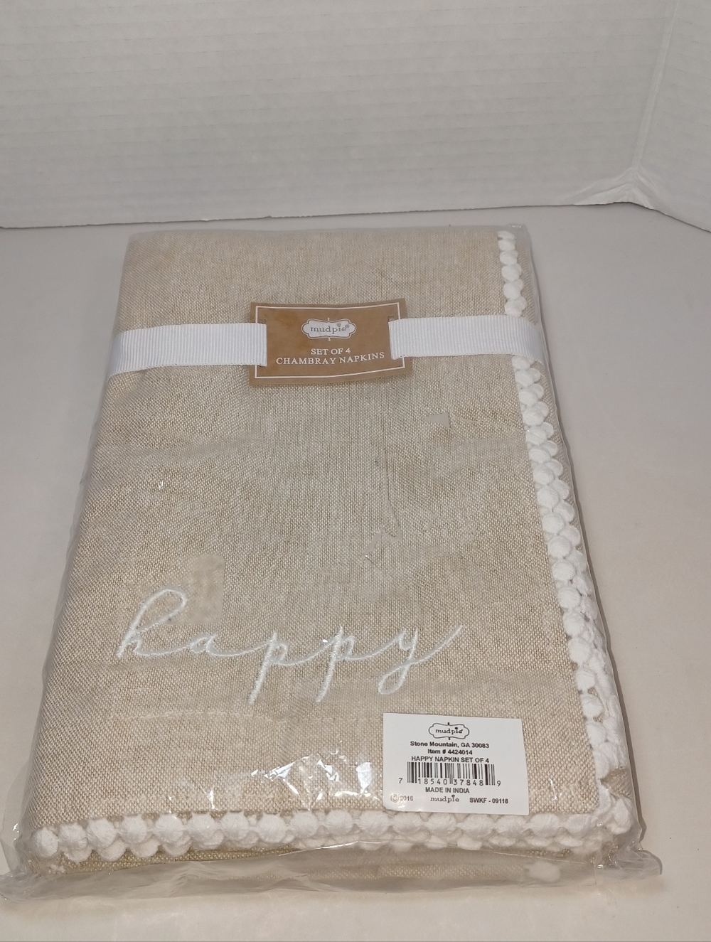 Mud Pie Beige Chambray Napkin Set with White Trim - Set of 4